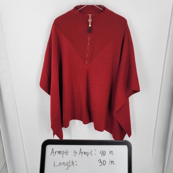 Anne Klein Poncho Womens Large Knit Red Mock Neck Half Zip Ribbed Neckline - Picture 11 of 11